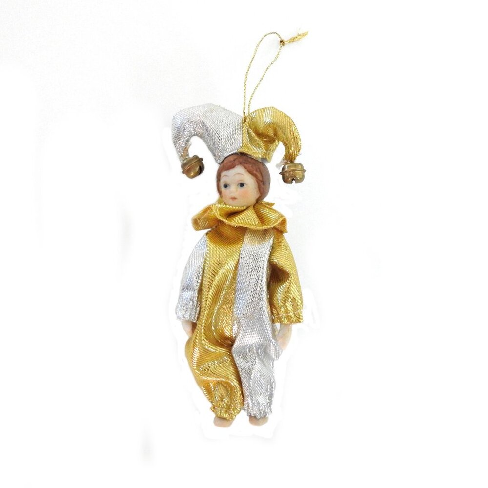 Vintage Porcelain Harlequin Doll Christmas Ornament Silver Gold Shiny 1980s